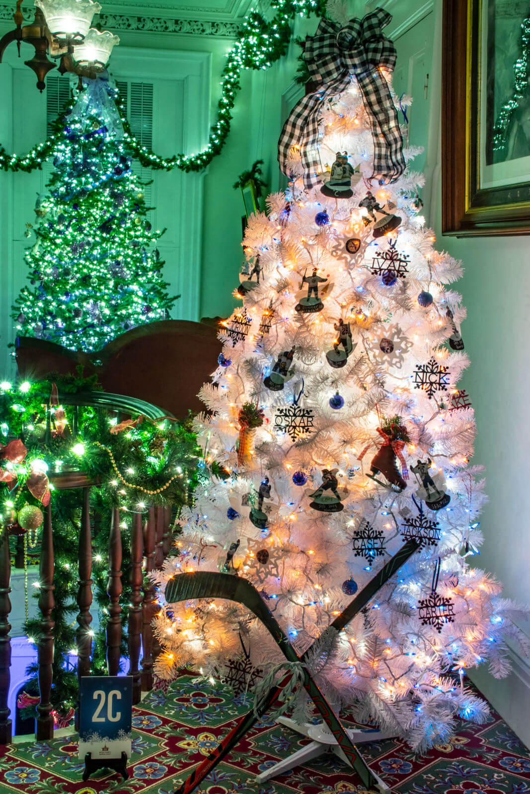 A finely decorated Christmas tree inside the Lincoln-Tallman House.