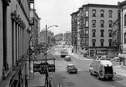 Milwaukee Street looking west, Milner Hotel, ca 1955